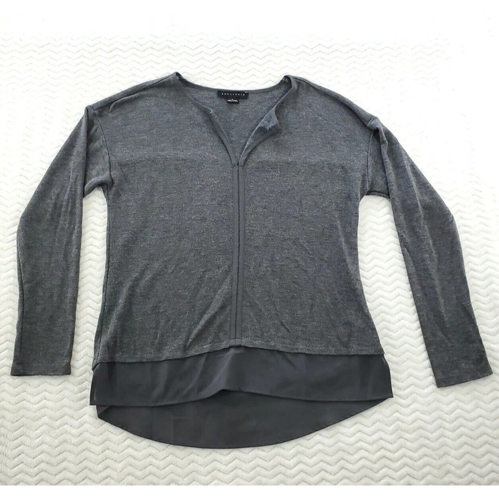 Sanctuary Gray V-Open Chiffon Mock Layer Bottom Sweater Lightweight Womens Small